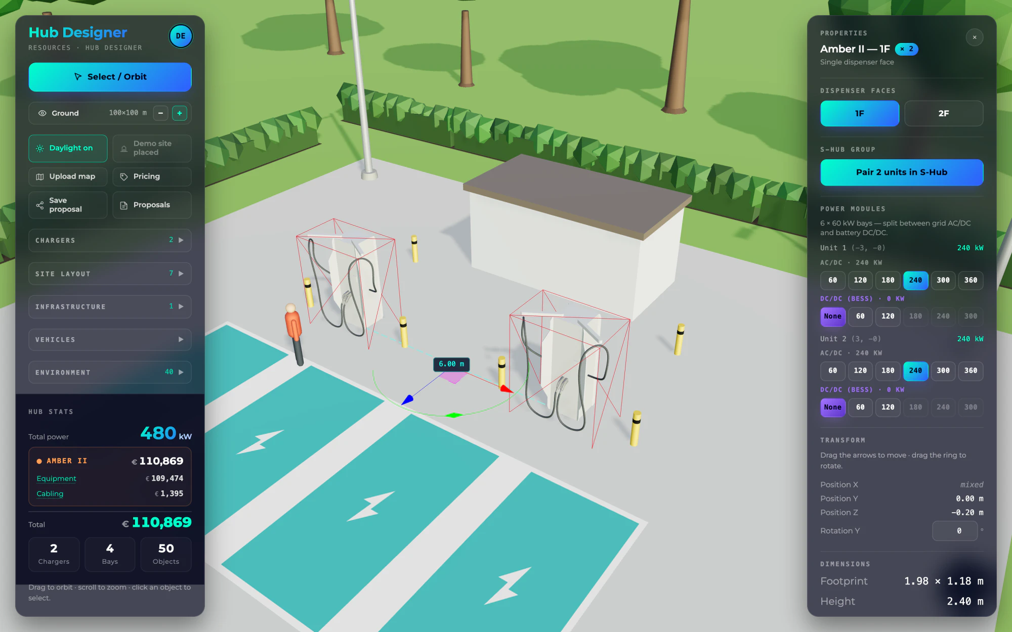 Forecourt layout in daylight with two Amber II chargers selected, showing the distance between them and their properties