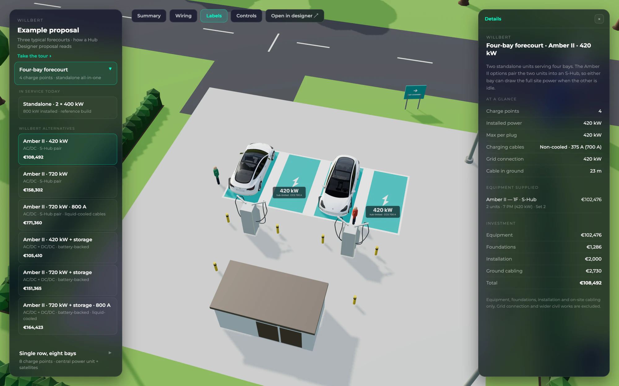 Proposal viewer showing an S-Hub pair with the charging power labelled at each bay