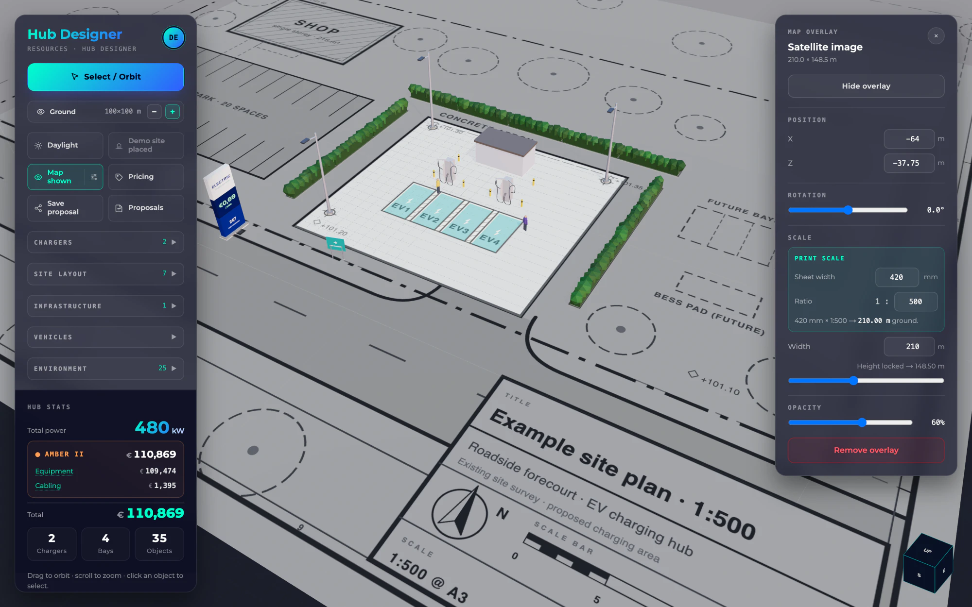 Hub Designer editor with a 1:500 site plan under a 3D layout of chargers and bays